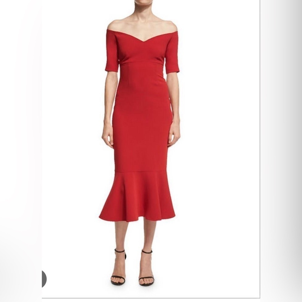 New Cinq à Sept V-Neck Midi Marta Length Dress red ruffle off the shoulders